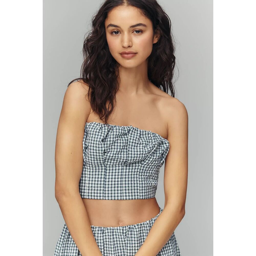 Anthropologie Maeve Gingham Bustier Top SZ LG Blue White NWT Crop Top Feminine